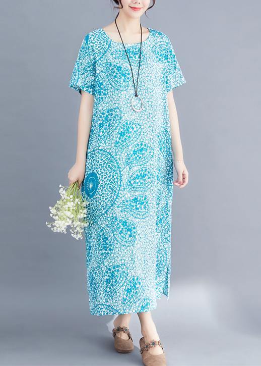 Modern Blue Print Linen Long Shirts Organic Fabrics O Neck Side Open Maxi Summer Dress