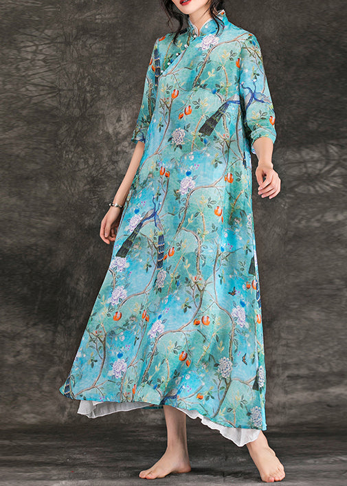 Modern Blue Print Linen Dresses Neckline Stand Collar Half Sleeve Maxi Summer Dress
