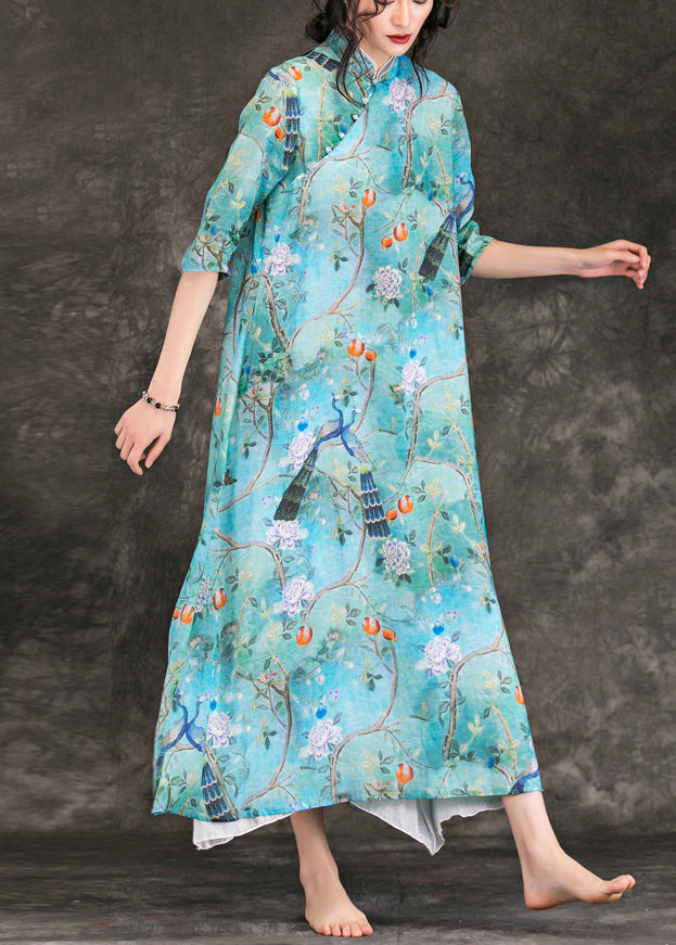 Modern Blue Print Linen Dresses Neckline Stand Collar Half Sleeve Maxi Summer Dress