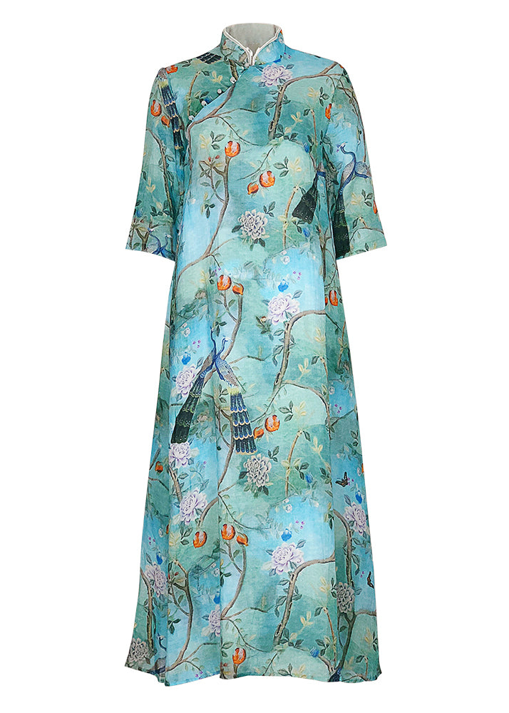 Modern Blue Print Linen Dresses Neckline Stand Collar Half Sleeve Maxi Summer Dress