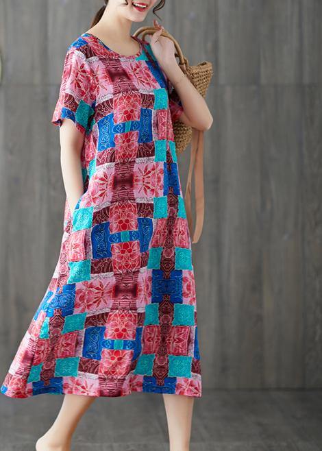Modern Blue Prints Cotton Linen Clothes for Short Sleeve Wild Long Summer Dresses