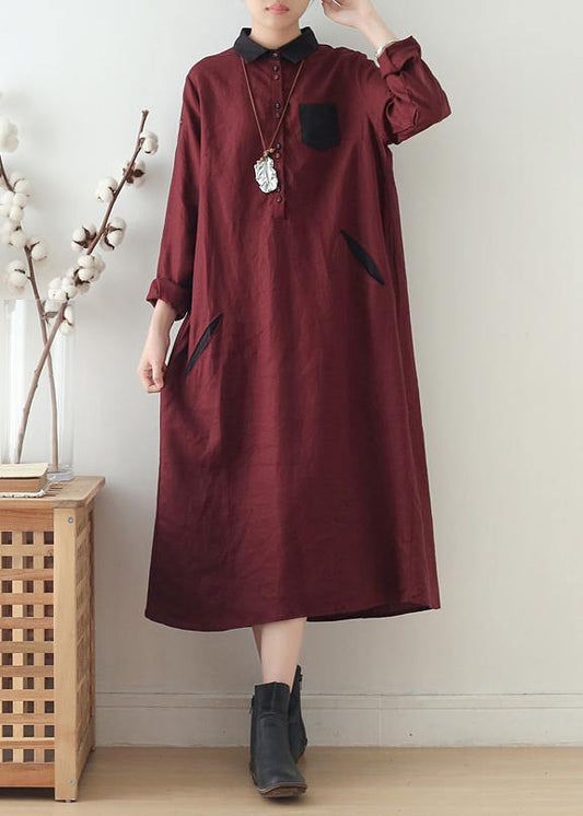 Modern Burgundy Linen Wardrobes Lapel Pockets Maxi Fall Dresses