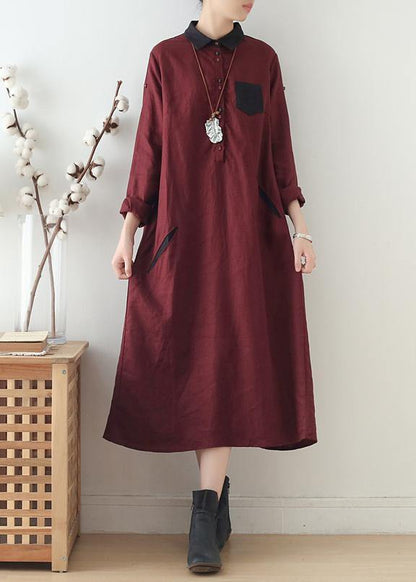 Modern Burgundy Linen Wardrobes Lapel Pockets Maxi Fall Dresses