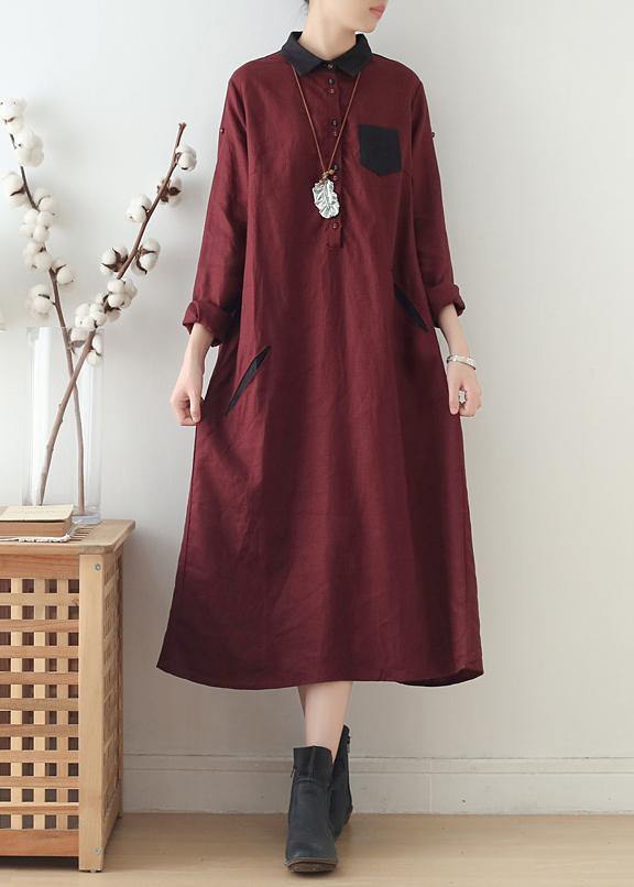 Modern Burgundy Linen Wardrobes Lapel Pockets Maxi Fall Dresses