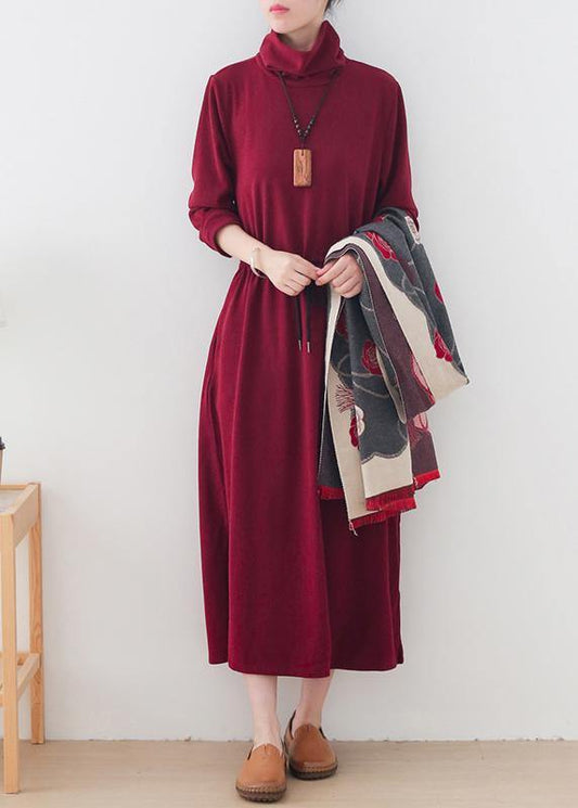 Modern Burgundy Quilting Clothes High Neck Drawstring Robes Dresses