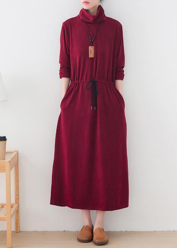 Modern Burgundy Quilting Clothes High Neck Drawstring Robes Dresses