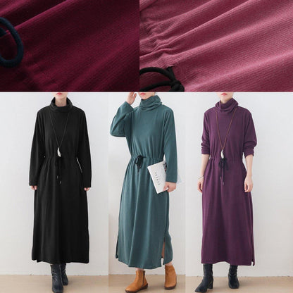 Modern Burgundy Quilting Clothes High Neck Drawstring Robes Dresses
