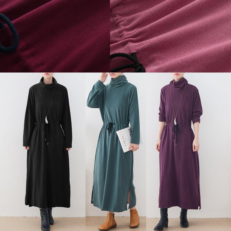 Modern Burgundy Quilting Clothes High Neck Drawstring Robes Dresses