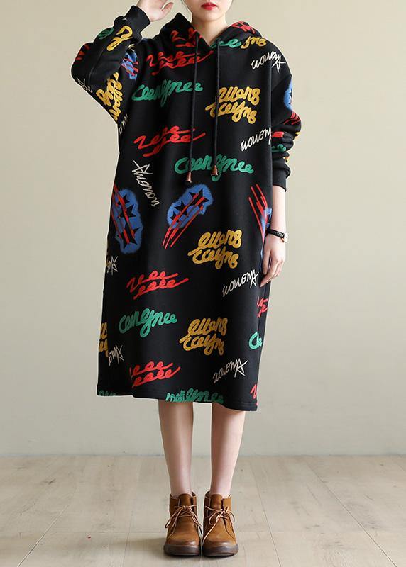Modern Cotton Hooded Tunics Shirts Black Print Art Dresses