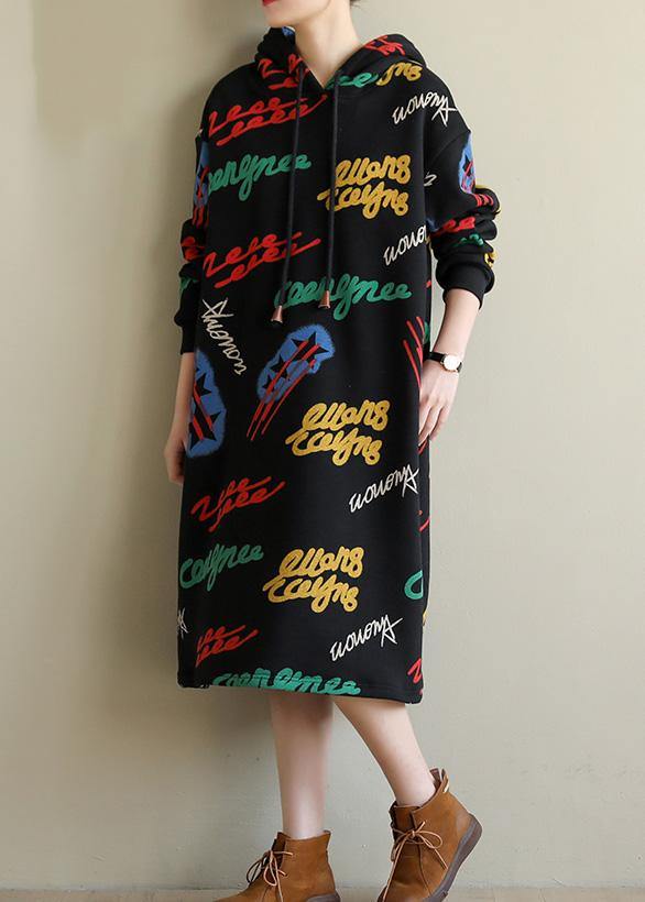 Modern Cotton Hooded Tunics Shirts Black Print Art Dresses