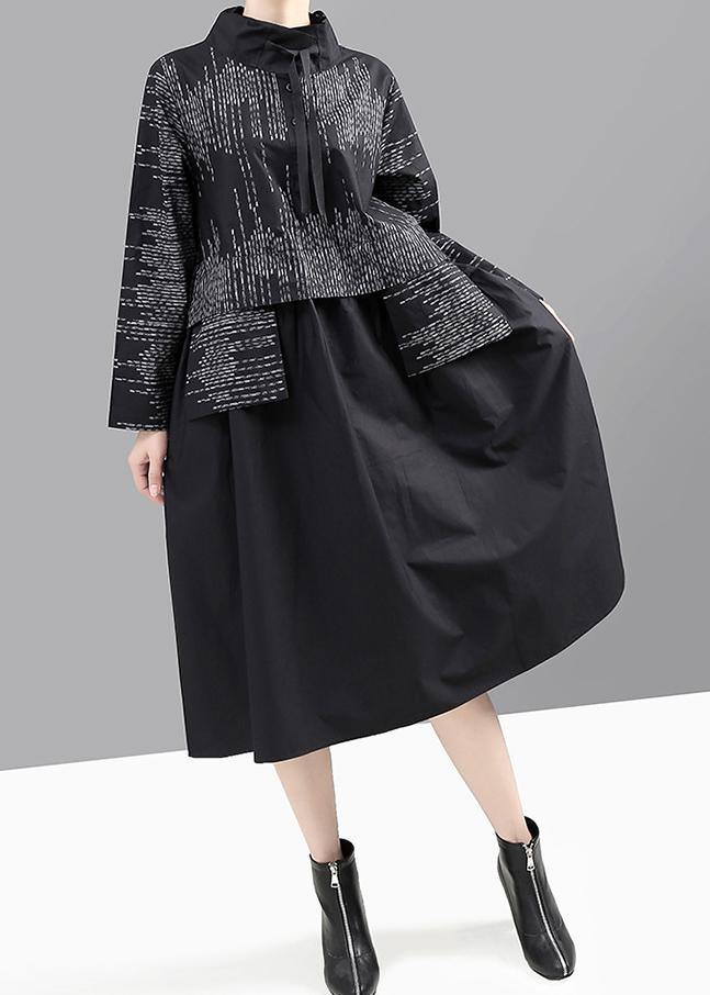 Modern False Two Pieces Cotton Patchwork Quilting Dresses Shirts Gray Prints Dress