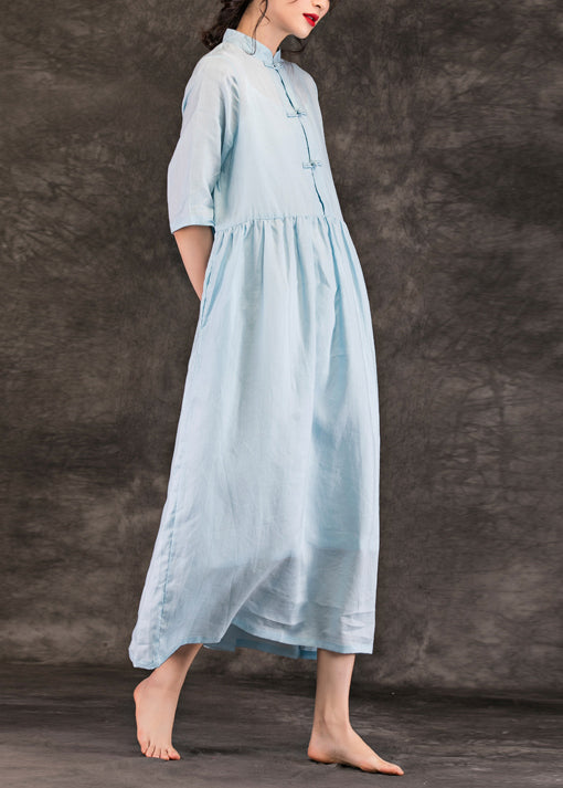 Modern Gray Blue Linen Dress Organic Runway Stand Collar Pockets Loose Summer Dress