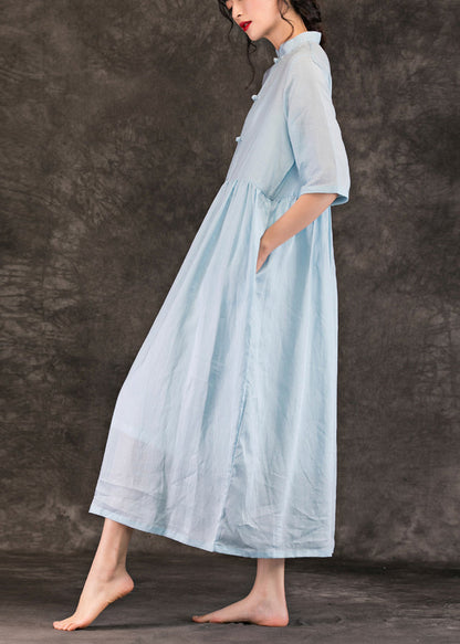Modern Gray Blue Linen Dress Organic Runway Stand Collar Pockets Loose Summer Dress