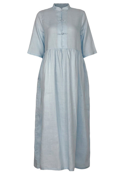 Modern Gray Blue Linen Dress Organic Runway Stand Collar Pockets Loose Summer Dress