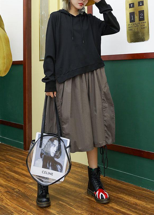 Modern Gray Green Patchwork Cotton Clothes False Two Pieces Loose Hooded Dress