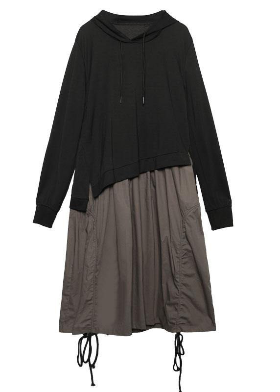 Modern Gray Green Patchwork Cotton Clothes False Two Pieces Loose Hooded Dress