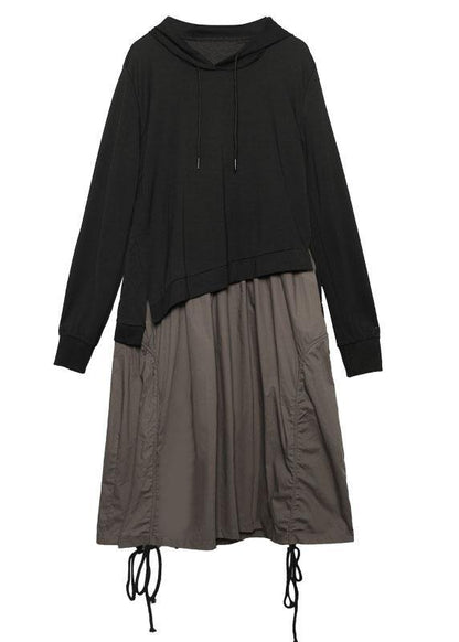Modern Gray Green Patchwork Cotton Clothes False Two Pieces Loose Hooded Dress
