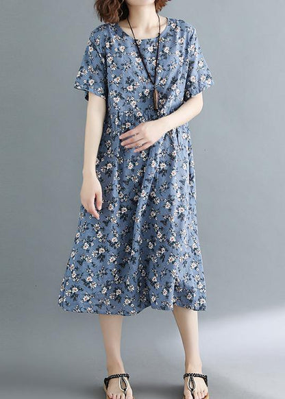 Modern Gray Print Tunic Dress O Neck Pockets Baggy Summer Dress