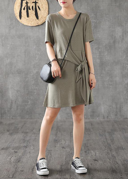 Modern Green Cotton Clothes for O Neck Bow Art Summer Dress