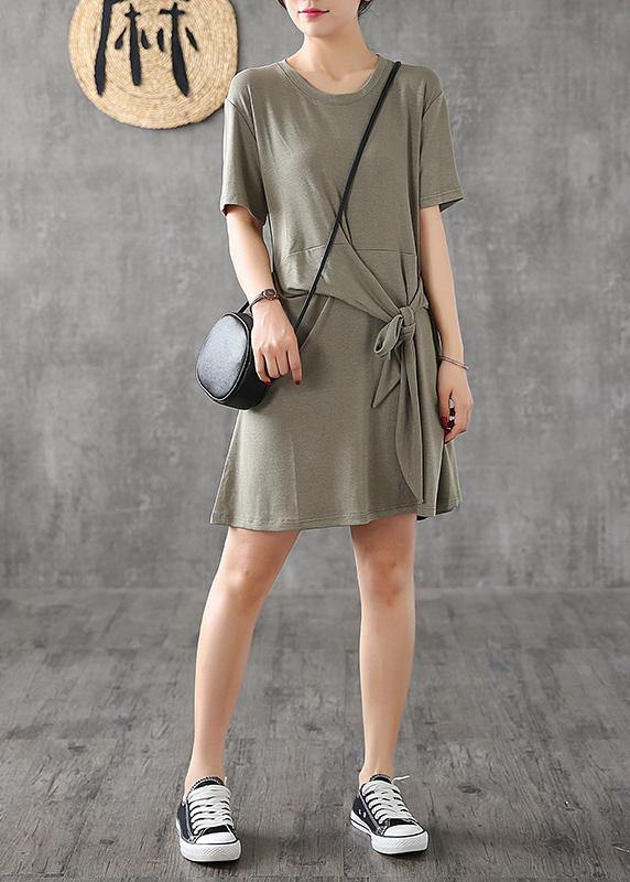 Modern Green Cotton Clothes for O Neck Bow Art Summer Dress