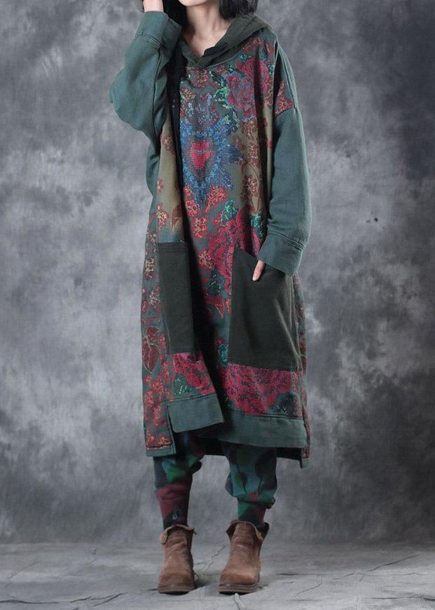 Modern Green Print Cotton Clothes Hooded Drawstring Art Dress