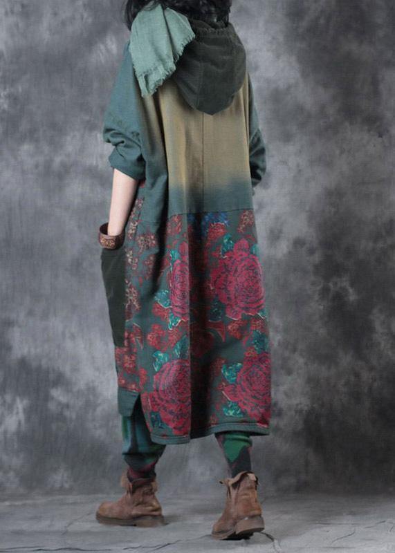 Modern Green Print Cotton Clothes Hooded Drawstring Art Dress