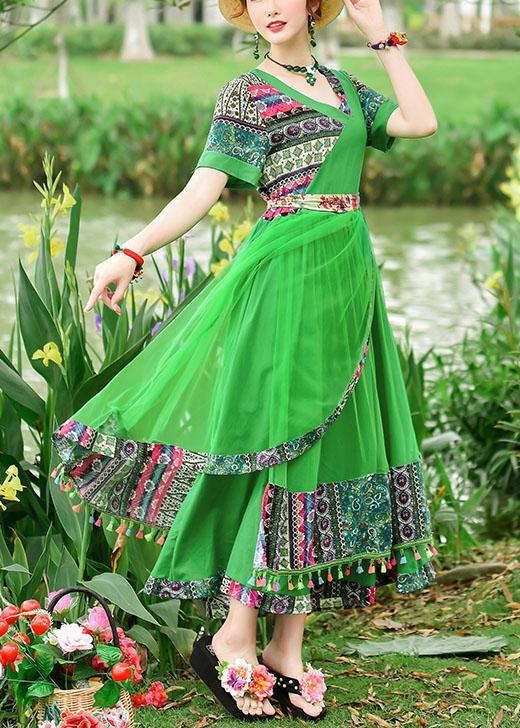 Modern Green Print Tunics for V Neck Patchwork Tulle Summer Dress