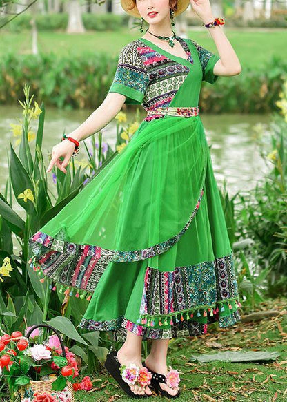 Modern Green Print Tunics for V Neck Patchwork Tulle Summer Dress