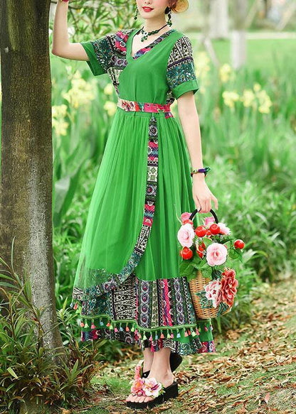 Modern Green Print Tunics for V Neck Patchwork Tulle Summer Dress