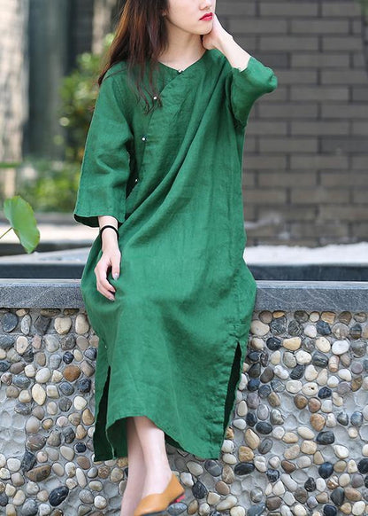 Modern Green Quilting Clothes O Neck Side Open Maxi Dresses