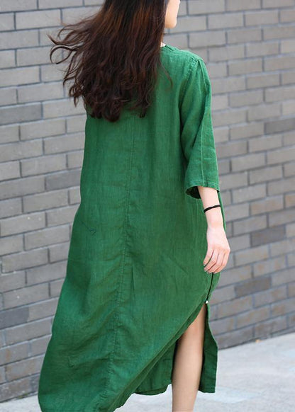 Modern Green Quilting Clothes O Neck Side Open Maxi Dresses
