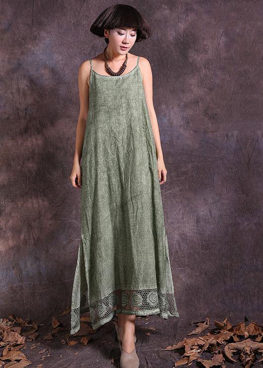Modern Green Sleeveless Linen Robes Side Open Loose Summer Dress