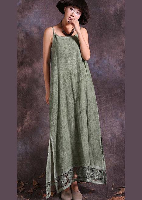 Modern Green Sleeveless Linen Robes Side Open Loose Summer Dress