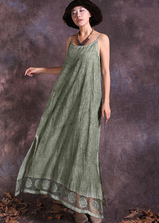 Modern Green Sleeveless Linen Robes Side Open Loose Summer Dress
