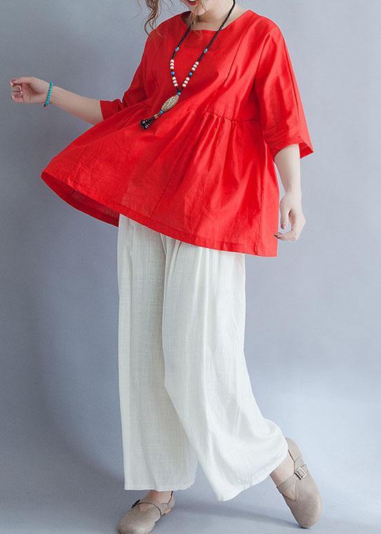 Modern Half Sleeve Cotton Shirts Red Tunic Blouses Summer