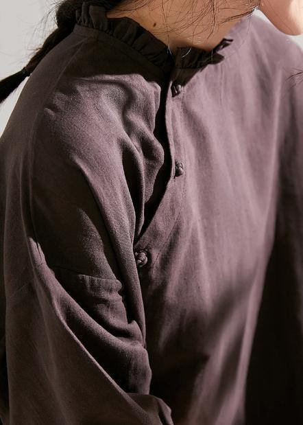 Modern Half Sleeve Linen Ruffles Stand Colalr Dress Cotton Brown Dress
