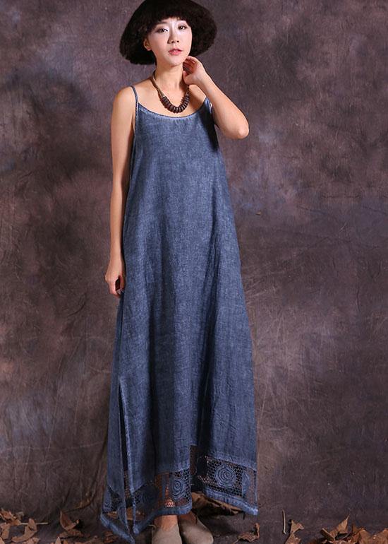 Modern Hollow Out Hem Linen Clothes for Ideas Blue Side Open Dress Summer