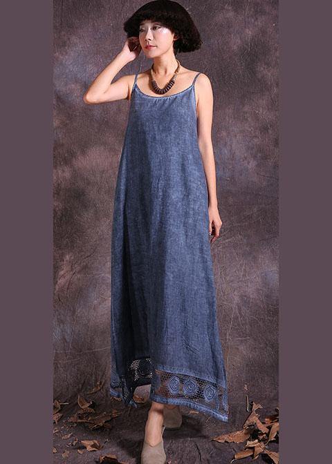 Modern Hollow Out Hem Linen Clothes for Ideas Blue Side Open Dress Summer