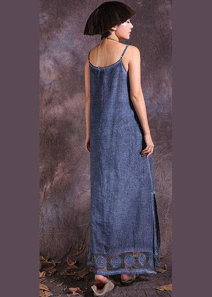 Modern Hollow Out Hem Linen Clothes for Ideas Blue Side Open Dress Summer