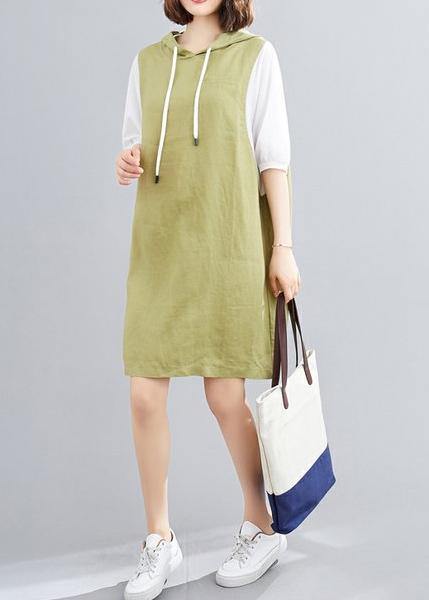 Modern Hooded Batwing Sleeve Linen Cotton Dress Sleeve Green Dresses