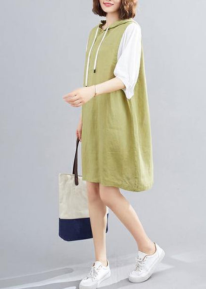 Modern Hooded Batwing Sleeve Linen Cotton Dress Sleeve Green Dresses