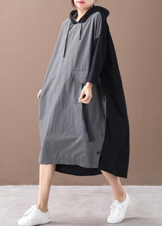 Modern Hooded Patchwork Spring Dress Work Gray Maxi Dresses