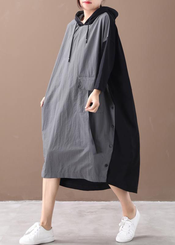 Modern Hooded Patchwork Spring Dress Work Gray Maxi Dresses