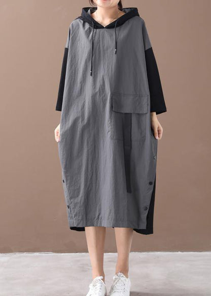 Modern Hooded Patchwork Spring Dress Work Gray Maxi Dresses