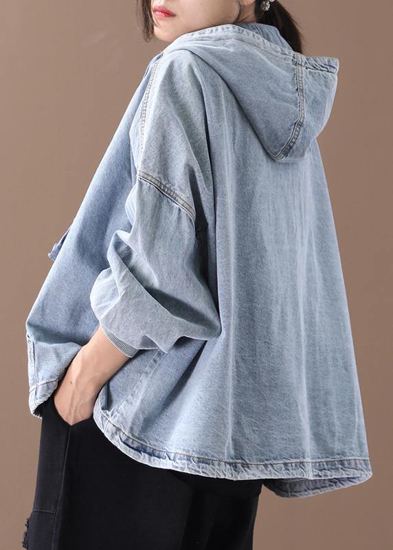 Modern Hooded Zippered for Light Blue Loose Coats