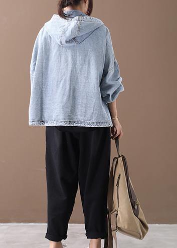 Modern Hooded Zippered for Light Blue Loose Coats