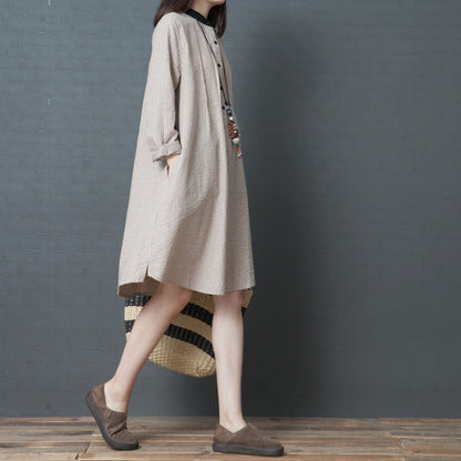 Modern Khaki Striped Linen Clothes Stylish Sleeve Stand Collar Loose Spring Dress