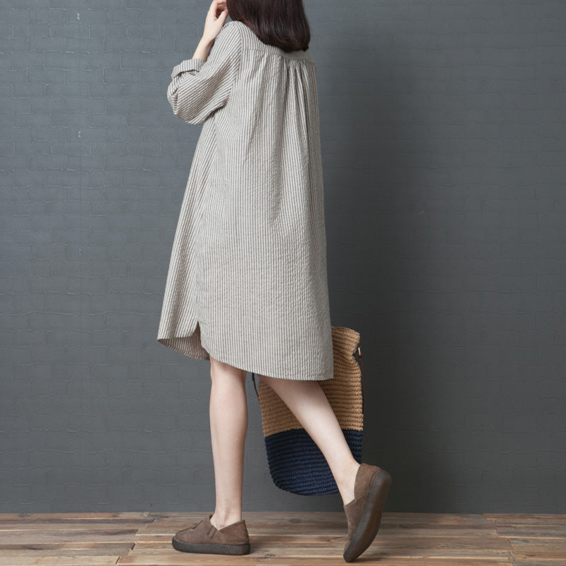 Modern Khaki Striped Linen Clothes Stylish Sleeve Stand Collar Loose Spring Dress