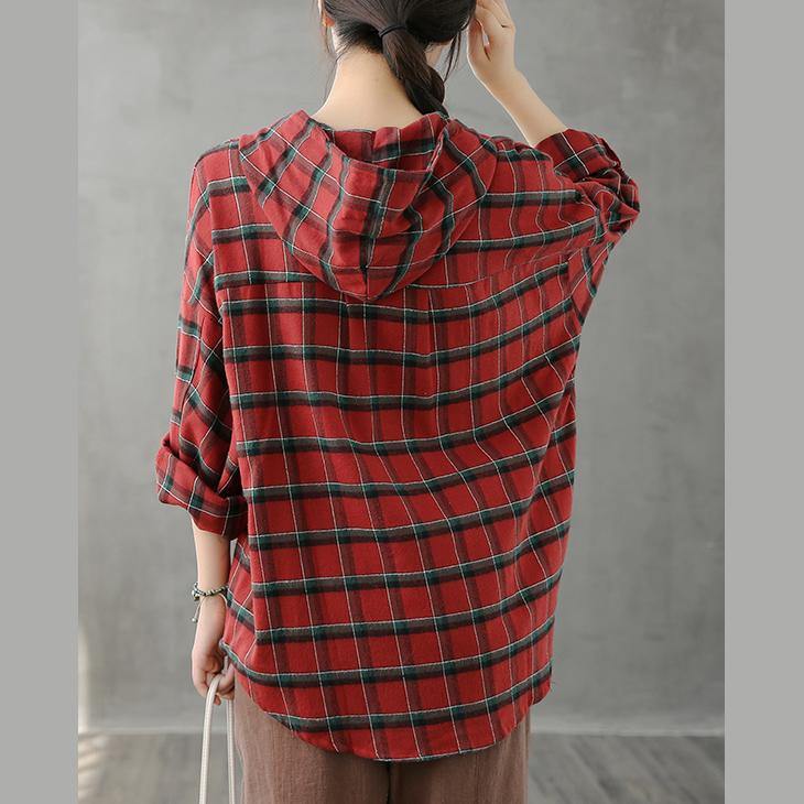 Modern Lapel Button Down Fall Tunic Christmas Gifts Red Plaid Shirt