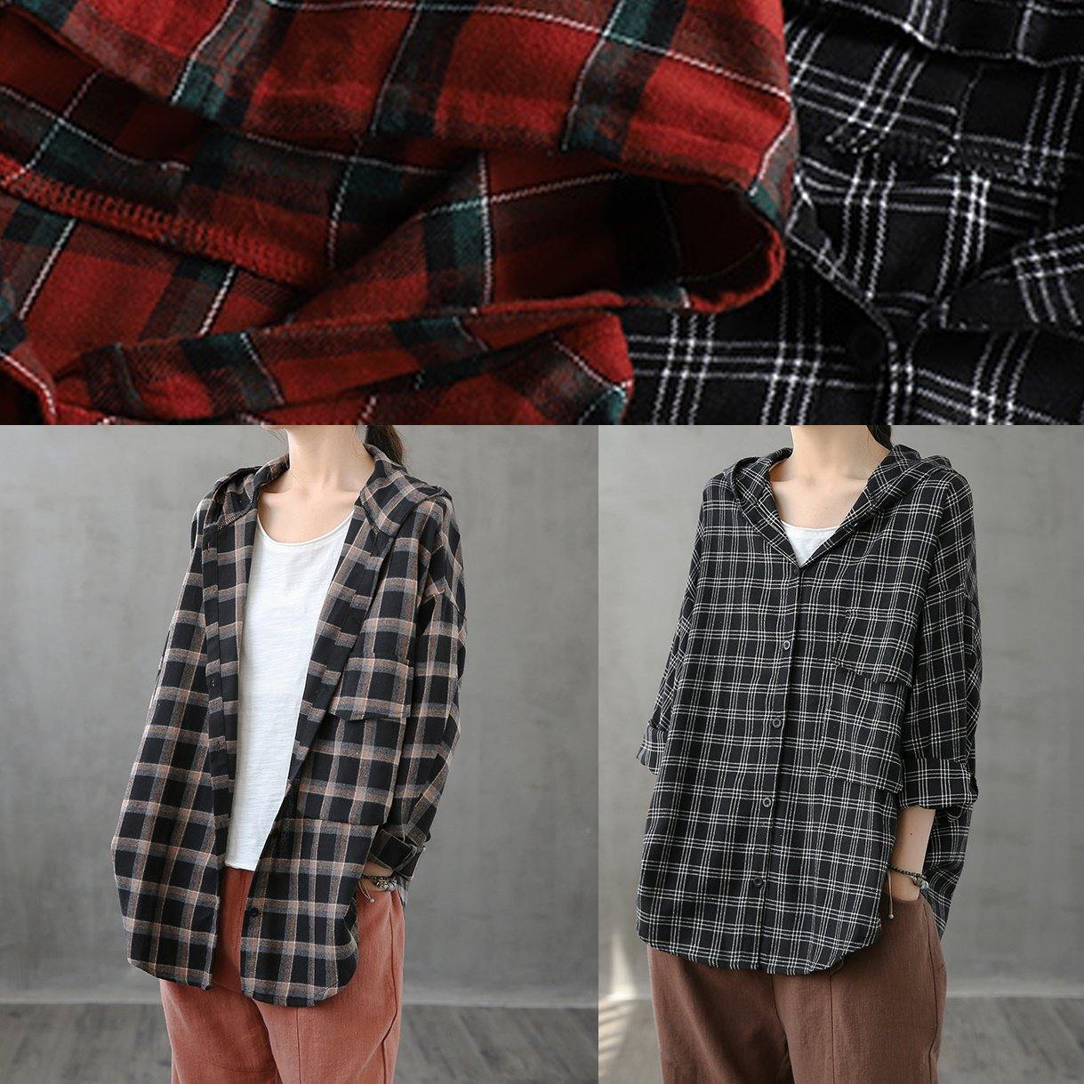 Modern Lapel Button Down Fall Tunic Christmas Gifts Red Plaid Shirt